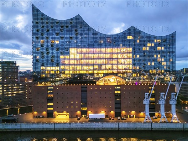 Aerial view of the Elbe Philharmonic Hall during the blue hour, Hamburg, Germany, Europe