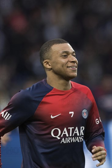 Football match, captain Kylian MBAPPE' Paris St Germain smiling during pre-match warm-up, Parc des Princes football stadium, Paris, France, Europe