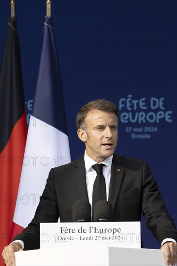 Emmanuel Macron (President of the French Republic) speaks at the Fete de l'Europe on the Neumarkt in front of the Church of Our Lady, Dresden, 27 May 2024