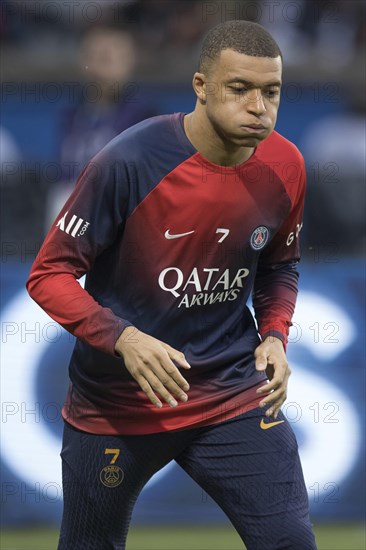 Football match, captain Kylian MBAPPE' Paris St Germain concentrated and out of breath during pre-match warm-up, Parc des Princes football stadium, Paris, France, Europe