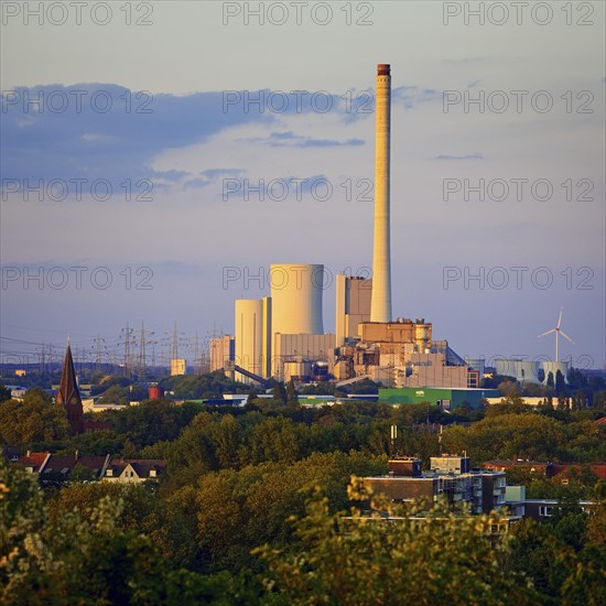 View from the Pluto slag heap of the Herne thermal power station with its 300 metre high chimney, Ruhr area, North Rhine-Westphalia, Germany, Europe