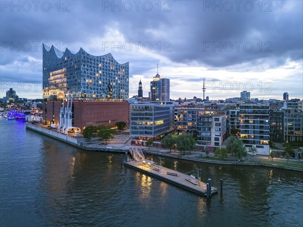 Aerial view of the Elbe Philharmonic Hall during the blue hour, Hamburg, Germany, Europe