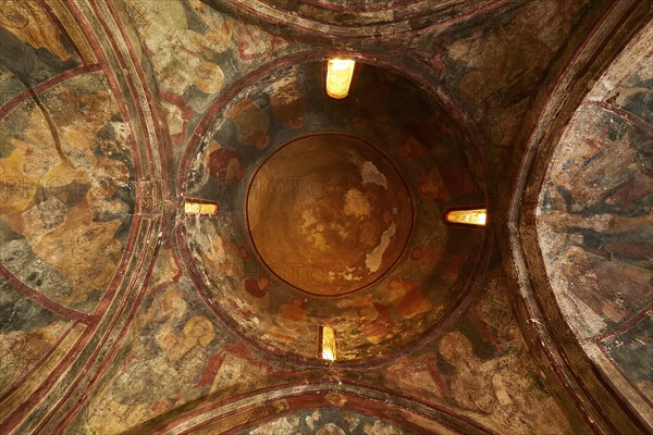 View inside a dome with ancient murals and ornate decorations, Byzantine chapel of Agios Nikolaos Foundoukli, between Eleousa and Profitis Ilias, Rhodes, Dodecanese, Greek Islands, Greece, Europe