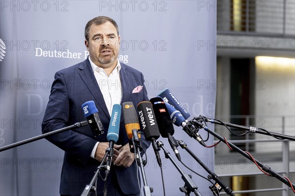 Florian cock, Member of the German Bundestag (CDU/CSU), recorded as part of a press statement at the meeting of the Defence Committee on the subject of compulsory military service in Berlin, 12/06/2024
