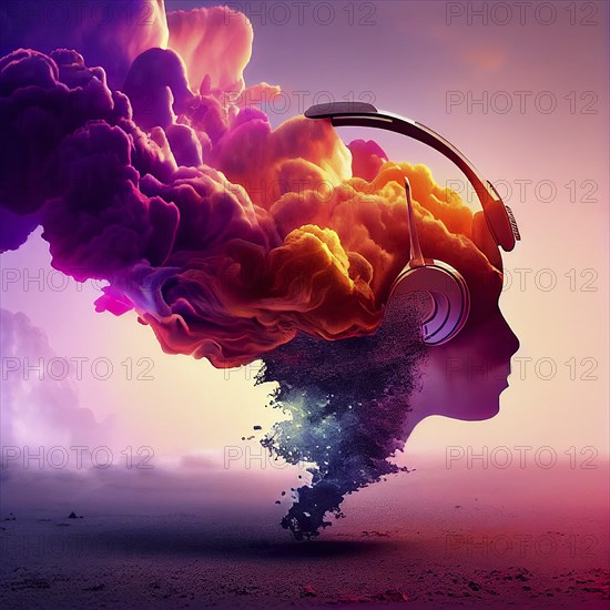 Portrait of a young woman with headphones listening to music, colorful waves and energy, illustration