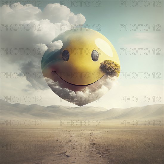 Big yellow head with a smiling happy face in the sky, mental health concept, positive mindset, support and evaluation symbol