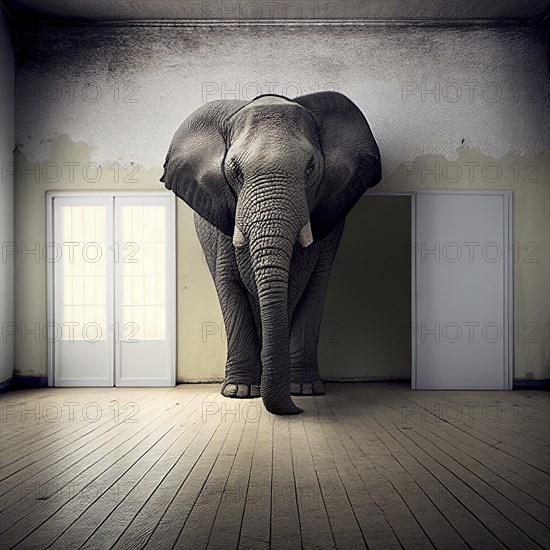 Big elephant standing in an empty room, animal concept, metaphorical idiom for important or enormous topic
