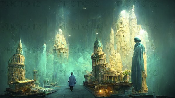 Illustration of Atlantis, ancient civilization, history and mythology, legend city sunken under the water