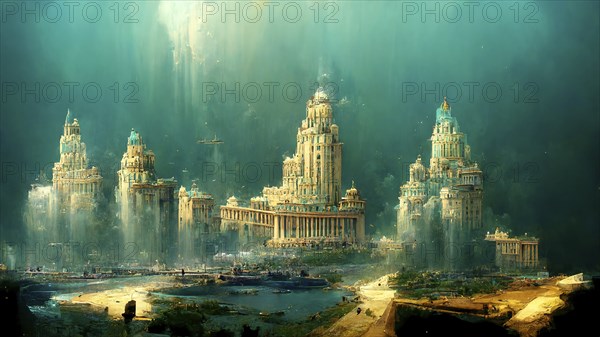 Illustration of Atlantis, ancient civilization, history and mythology, legend city sunken under the water
