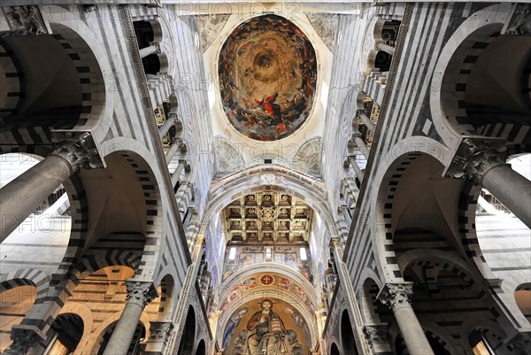 Interior, Cathedral of Santa Maria Assunta, Pisa, Tuscany, Italy, Europe, Wide angle view of a majestic church interior with impressive ceiling fresco, Europe