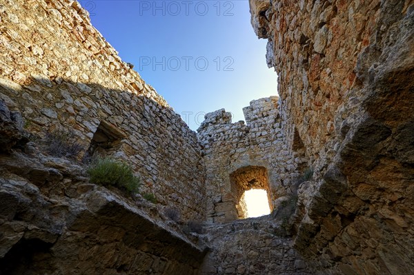 HDR, Interior view of the castle wall with a window-like hole through which sunlight enters, Kritinia Castle, St John's Castle, Kritinia, Rhodes, Dodecanese, Greek Islands, Greece, Europe