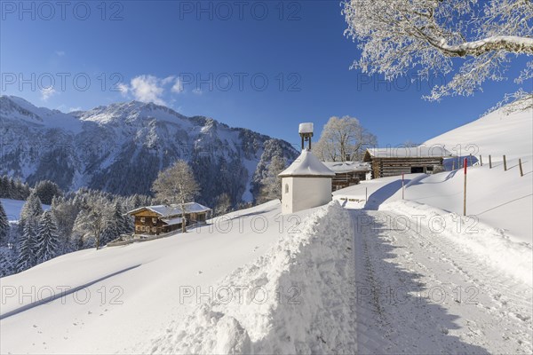 Gerstruben, a former mountain farming village in the Dietersbachtal valley near Oberstdorf, behind it the Himmelschrofen, 1791m, Allgäu Alps, Allgäu, Bavaria, Germany, Europe