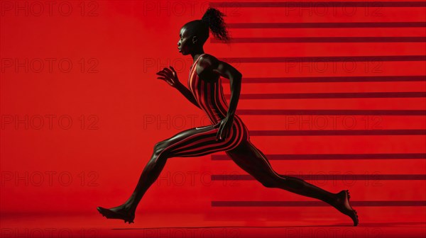 An athlete in a striped suit running against a vibrant red background with intensity, AI generated