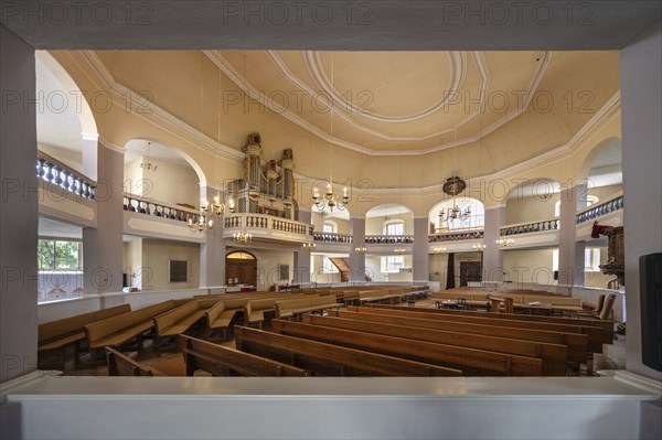 Interior of the Huguenot Church, built between 1686 and 1693, Huguenot Square, Erlangen, Middle Franconia, Bavaria, Germany, Europe