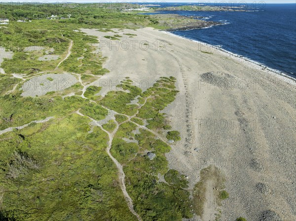 Prehistoric cairns and rock formations at beach Molen, west of Larvik, aerial view, Norway, Europe