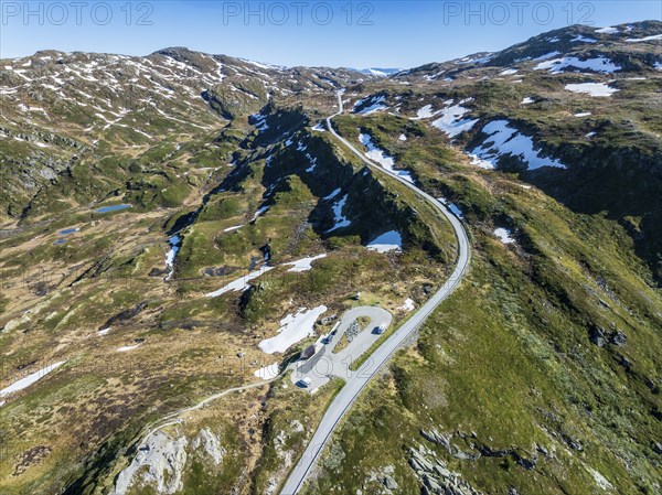 Aerial view of mountain crossing Sognefjellsvegen, mountain pass over the Sognefjellet, touristic road, rest area Nedre Oscarshaug viewpoint, Norway, Europe