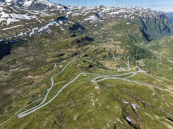 Aerial view of mountain crossing Sognefjellsvegen, serpentines near hotel Turtagro, Norway, Europe