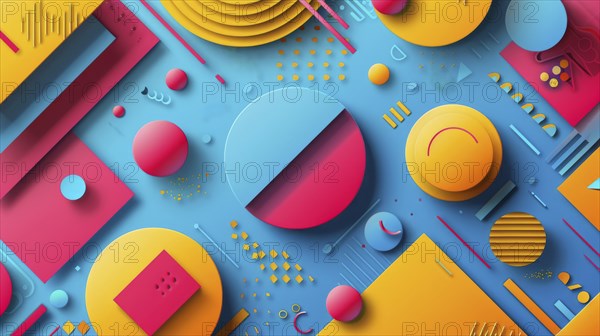 Vibrant abstract design with colorful geometric patterns including circles and rectangles on a blue background, AI generated