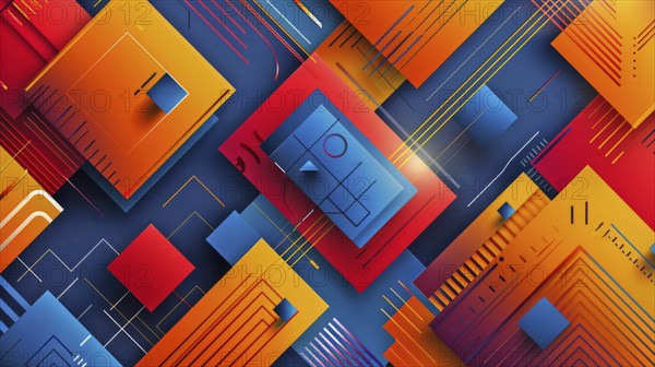 Abstract art with overlapping geometric shapes in red, orange, and blue tones, creating a modern design, AI generated