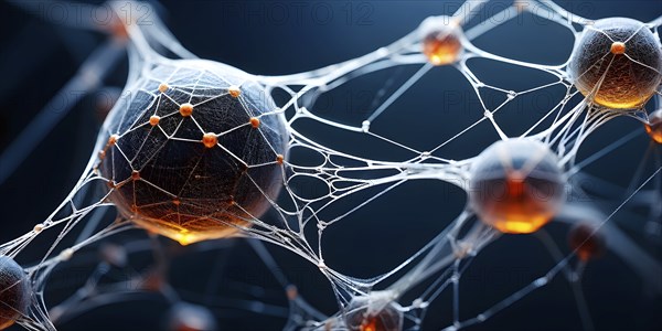 Network of interconnected shapes inspired by the structure of spider silk representing strength and flexibility in material science, AI generated