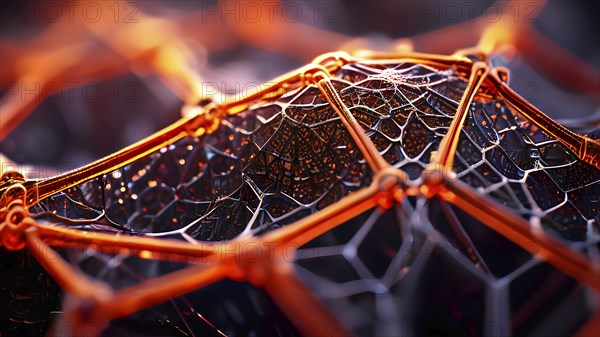 Network of interconnected shapes inspired by the structure of spider silk representing strength and flexibility in material science, AI generated