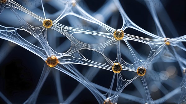 Network of interconnected shapes inspired by the structure of spider silk representing strength and flexibility in material science, AI generated