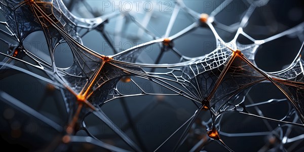 Network of interconnected shapes inspired by the structure of spider silk representing strength and flexibility in material science, AI generated