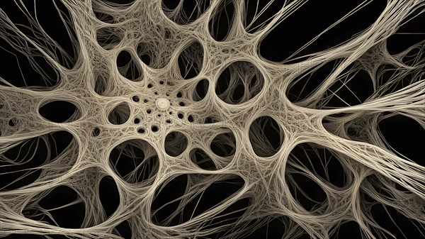 Network of interconnected shapes inspired by the structure of spider silk representing strength and flexibility in material science, AI generated
