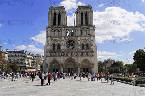 Cathedral Notre Dame de Paris, west facade, Île de la Cité, Paris, France, Europe, Cathedral with numerous tourists on a large square under a blue sky, Europe