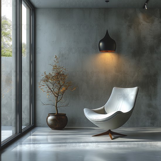 Minimalist space with a modern chair, concrete walls, large window, indoor plant, and sleek lighting creating a tranquil atmosphere, AI Generated, AI generated