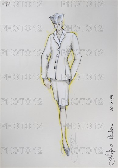 Fashion sketch, fashion design, women's fashion, fashion collection Prêt à porter autumn-winter 1999-2000, pencil drawing, watercolour pastel, watercolour, pastel, acrylic tempera, acrylic, on paper, elegant, feminine, slim, costume