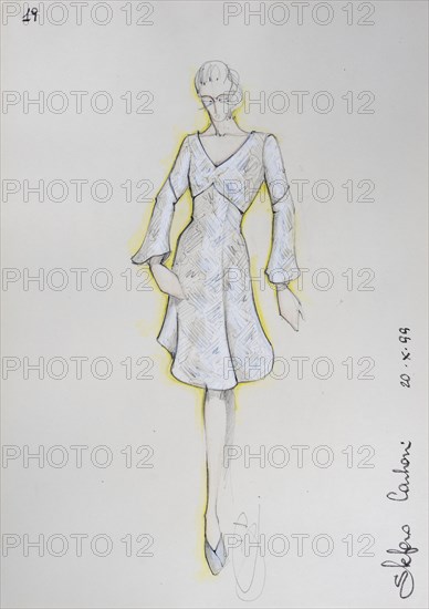 Fashion sketch, fashion design, women's fashion, fashion collection Prêt à porter autumn-winter 1999-2000, pencil drawing, watercolour pastel, watercolour, pastel, acrylic tempera, acrylic, on paper, elegant, feminine, slim, dress