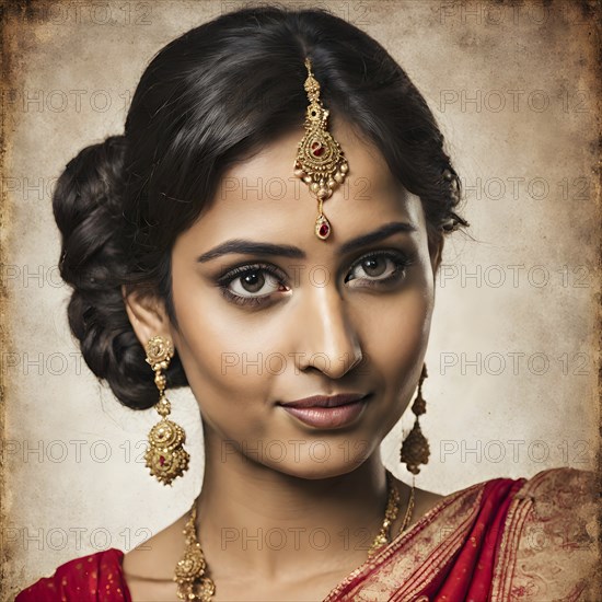 A young woman adorned in classic Indian jewelry and attire, exuding elegance, AI generated