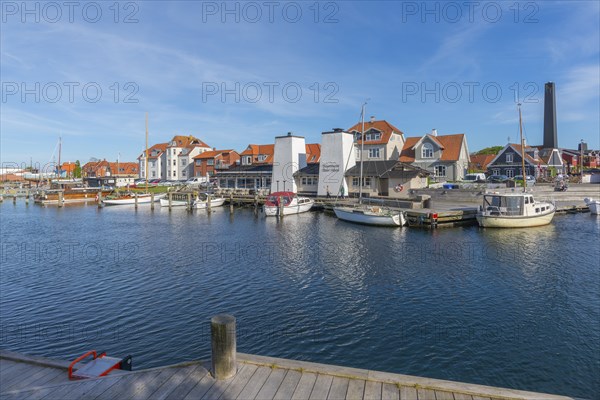 Kerteminde, sailing boats, fish restaurant, fish smokehouse with chimney, jetty, Great Belt, Fyn, Fyn Island, Baltic Sea, Denmark, Europe