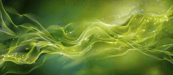 An abstract digital artwork featuring green flowing shapes with light particles, evoking a dynamic feel, AI generated