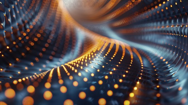 Futuristic abstract image with flowing lines and dots in orange and blue tones, emphasizing depth and movement, AI generated