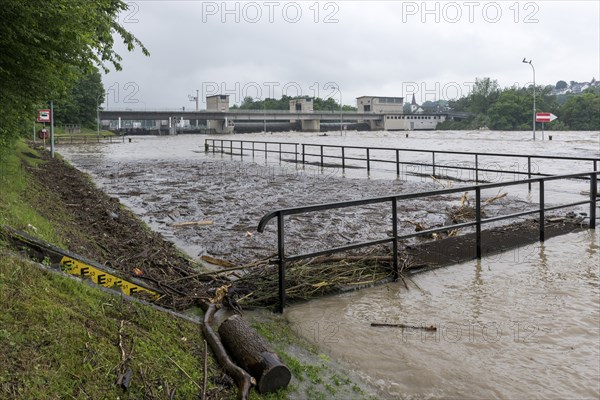 Symbolic image extreme weather, global warming, climate change, flood, washed up wood, footbridge, barrage on the Neckar river, Aldingen, Baden-Württemberg, Germany, Europe