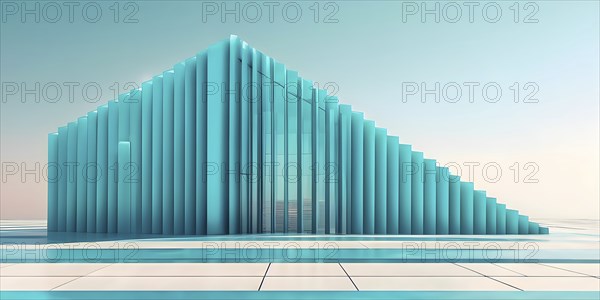 Cyan toned minimalist architecture in 3d render against surreal backdrop, AI generated
