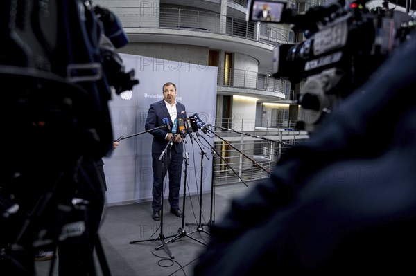 Florian cock, Member of the German Bundestag (CDU/CSU), recorded as part of a press statement at the meeting of the Defence Committee on the subject of compulsory military service in Berlin, 12/06/2024