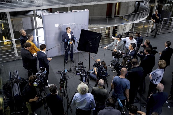 Florian cock, Member of the German Bundestag (CDU/CSU), recorded as part of a press statement at the meeting of the Defence Committee on the subject of compulsory military service in Berlin, 12/06/2024