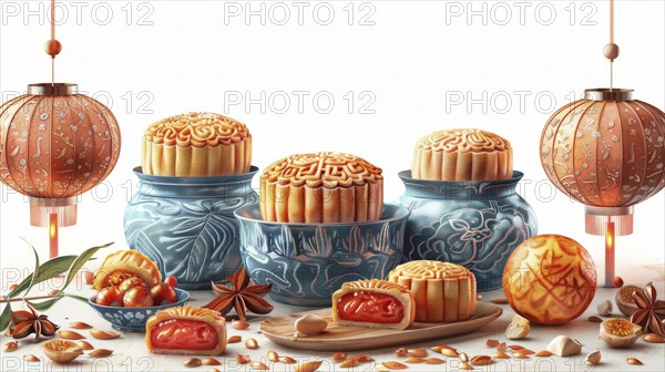 Blue vases with mooncakes and lanterns in an orange theme, representing traditional Chinese mid-autumn festival decorations, AI generated