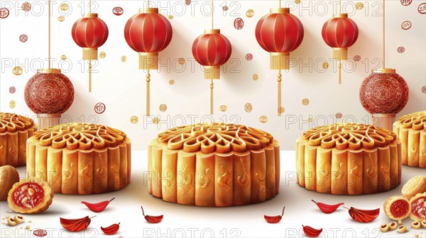 Large mooncakes and red lanterns depicted in an ornate and festive manner, celebrating the mid-autumn festival, AI generated