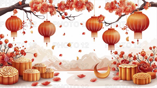 Floral branches adorned with lanterns and mooncakes in a serene and festive setting, reflecting Chinese cultural celebration, AI generated