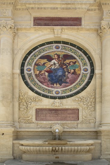 Fountain with monument and mural Fontaine Amédée Pichot built in 1885, arts and crafts, medallion, angel, putti, round, circle, Amedee, Arles, Bouches-du-Rhône, Camargue, Provence, France, Europe