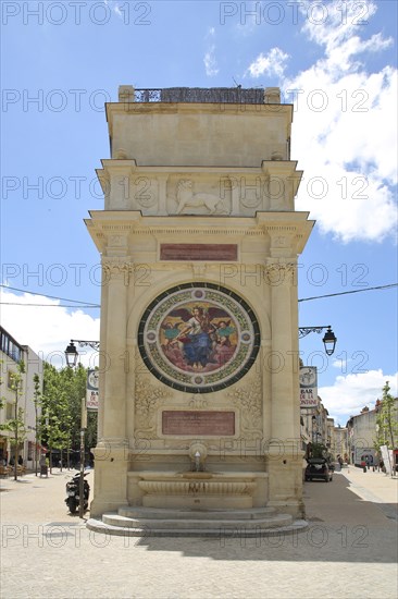 Fountain Fontaine Amédée Pichot built in 1885, Amedee, wall painting, arts and crafts, Arles, Bouches-du-Rhône, Camargue, Provence, France, Europe