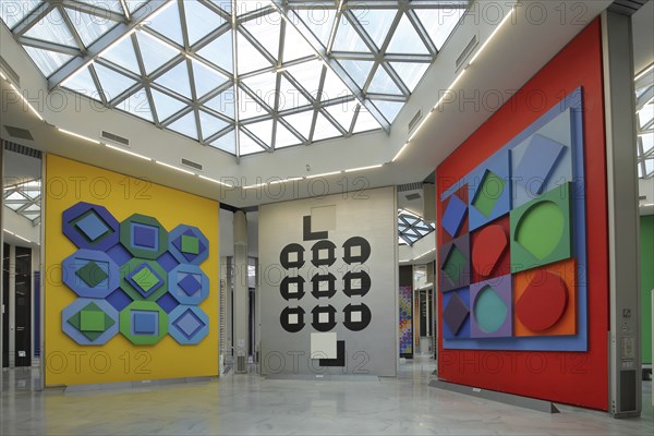 Exhibition at the Fondation Vasarely, Victor Vasarely, museum, modern, artwork, futurism, art object, integration, wall, 3, times, 3x3, geometric, symmetrical, Aix-en-Provence, Bouches-du-Rhône, Camargue, Provence, France, Europe