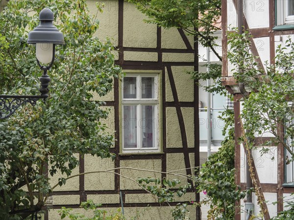 Half-timbered house with black and white façade and one window, next to a street lamp and trees, Werl, North Rhine-Westphalia, Germany, Europe