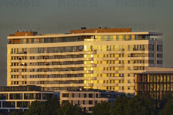 Residential complex at sunrise, luxury flats, Cologne, North Rhine-Westphalia, Germany, Europe