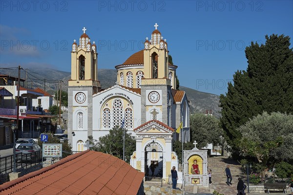 Beautiful church in a village with blue sky in the background, Church of Agios Panteleion, Siana village, near Monolithos village, Rhodes, Dodecanese, Greek Islands, Greece, Europe