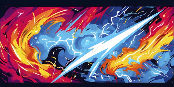 Abstract pop art comic illustration in vibrant colors with thunderbolt crackling across the canvas, AI generated